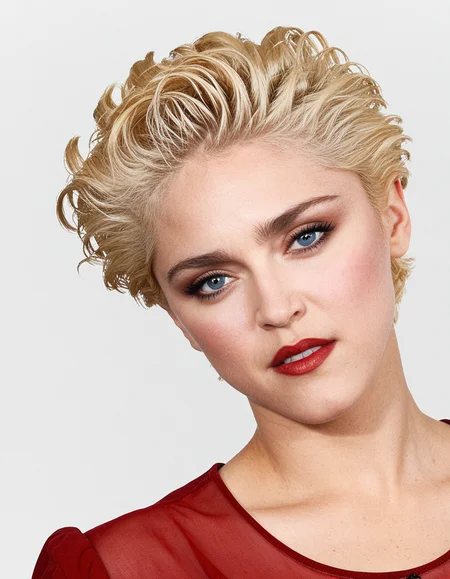 Madonna a woman with short swept back pixie cut, blush, dark eyeliner and mascara and red lipstick,  blue eyes, in a red dress posing for a picture against a white background. She has a confident and poised stance, She is looking directly at the camera, her expression conveying a sense of strength and determination.