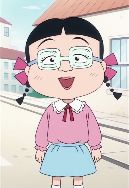 score_9, score_8_up, score_7_up BREAK MigiwaSan, 1girl, black hair, black eyes, blunt bangs, braided pigtails, pink ribbons, square crystal glasses, pink lipstick, white-collared pink long-sleeved shirt, light blue skirt, white socks, pink mary-jane shoes, solo, solo focus, female, female focus, full body, screenshot, official art, parody, anime footage, official design, screencap, anime screenshot, official screenshot, 2d, anime, source_anime, smiling at viewer, city outdoors, city background,