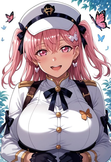 score_9, score_8_up, score_7_up, source_anime,mogudan,1girl,alone,smile,shiny_clothes,shiny_skin,five fingers,1 girl,large breast,alone ,HiromachiNanami, long hair,hair between eyes, two side up, cat hair ornament,pink hair, pink eyes,, looking at viewer, blush, smile, open mouth, gloves, long sleeves, hat, ribbon, holding, jewelry, upper body, :d, earrings, black gloves, black ribbon, neck ribbon, white headwear, bug, butterfly, half gloves,