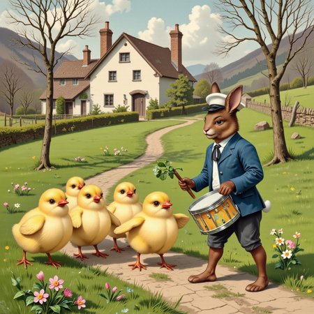 Vintage Easter Postcard Mode, soft pastel hues, delicate brushstrokes, early 1900s Victorian, botanical illustration style, festive countryside setting, ornate floral accents, golden embellishments, a charming anthropomorphic rabbit dressed in a sailor suit leads a parade of cheerful yellow chicks, beating a colorful drum as they march along a winding village path, one chick proudly carrying a sprig of lucky clover, symbolizing springtime joy and renewal, warm nostalgic tones, subtle aging effect.
The text "Need Buzz to be in time, next time!" is clearly visible <lora:Textimprover-FLUX-V0.4:0.75> <lora:Happy3aster Flux:0.75> <lora:Vintage Easter Postcard Mode_clean:0.75>