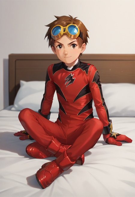 score_9, score_8_up, score_7_up, zPDXL2, 
1boy, solo, goggles on head, brown hair, 
,sitting on bed,
geki red, red bodysuit, black markings,   red gloves, red boots,