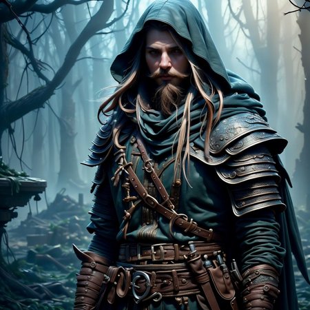 (masterpiece:1.2), (best quality,:1.2), 8k, HDR, ultra detailed, ((photorealistic)), perfect anatomy, professional light, cinematic lighting, ambient lighting, <lora:detail_slider_v4:1>, epic medieval fantasy, a (male) robber, (beard), FaRo, <lora:FantasyRogues-10:1>, leather armor, belt, cloak, in a dark forest, FaFo, <lora:FantasyForest-10:0.5>,  <lora:zoom_slider_v1:1>, <lora:fantasyAI:0.6> tanjoreai, in the style of Tolkien, Middle Earth, epiCPhoto