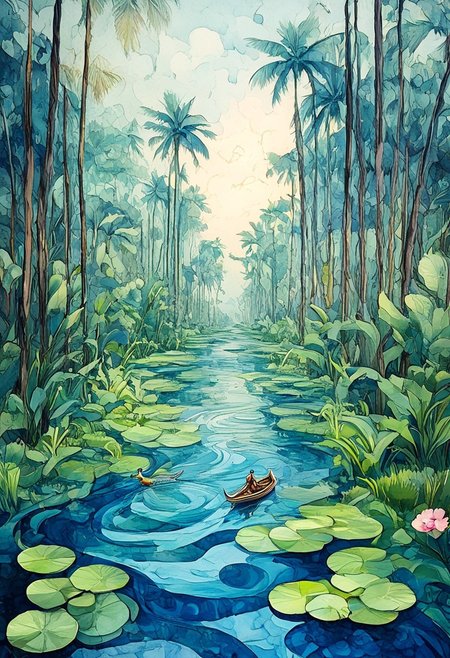 Victo Ngai Style, AtompunkSDXL, zydink, ink sketch, hkstyle, masterpiece, best quality, ink and watercolor fusion, high-detail surreal art, 8k HD scan of traditional paper medium, fluid bleed textures, fine line detailing, aerial oblique view, surreal landscape, abstract representation of Kerala coast and backwaters, winding canals twisting like serpentine ribbons, fragmented paddy fields forming mosaic patterns, elevated houseboats with floating staircases, soft glowing watercolor wash, warm coastal haze, muted golden dusk tones, traditional wooden houseboats, ink-lined contours, soft washes of terracotta and burnt sienna, translucent decks arching impossibly upward, disjointed rows of coconut palms stretching diagonally, ink-dripped shadows, broken roadways hovering over flooded fields, surreal perspective with bending planes, water bending upward at horizon, ducks swimming in spiral formations, bicycle floating above path without rider, clusters of blue water hyacinths spiraling like galaxies, exaggerated pink lotus flowers blooming from cracked riverbeds, flowing duckweed shaped like script across surface, ink swirl motion, controlled bleeding, paper texture interruptions, gravity-defying compositions, high contrast ink-watercolor blend, abstract geographic surrealism, Kerala reimagined through subconscious cartography, floating serenity and warped memory,
