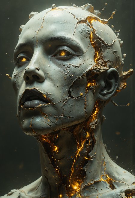 Hyper-realistic photography of a beautiful bust sculpted from a stone. Tarnished gold accents streak through it, creating fragmented inlays that bleed into the cracks of the marble. gold veins running through their surfaces, blending nature with the raw beauty of imperfection. Cracks run across the entire sculpture, emphasizing its perfect look. Soft lighting highlights. The golden fragments shimmer in the light, contrasting with the rough, tactile stone and bringing a sense of ethereal beauty to the sculpture, evoking both strength and delicacy in harmony, bokeh, masterpiece, high quality, hyper detailed, <lora:flux_realism_lora:0.8> <lora:fluxenhancer:0.2> <lora:Aura_Flux:0.3> <lora:artilands:0.4> <lora:- Flux1 - soothing_atmo_V2.0:0.4>