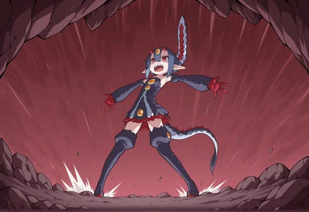 1girl, monster girl, short hair, blue hair, red eyes, horns, forehead jewel, slit pupils, pointy ears, short dress, detached sleeves, claws, thigh boots, angry, roaring, open mouth, sharp teeth, facing up, rock, full body, outstretched arms, speed lines, valley, solo <lora:desco_disgaea:0.8> <lora:akihito2rep:1>, masterpiece, best quality, amazing quality, very aesthetic, absurdres, highres, newest