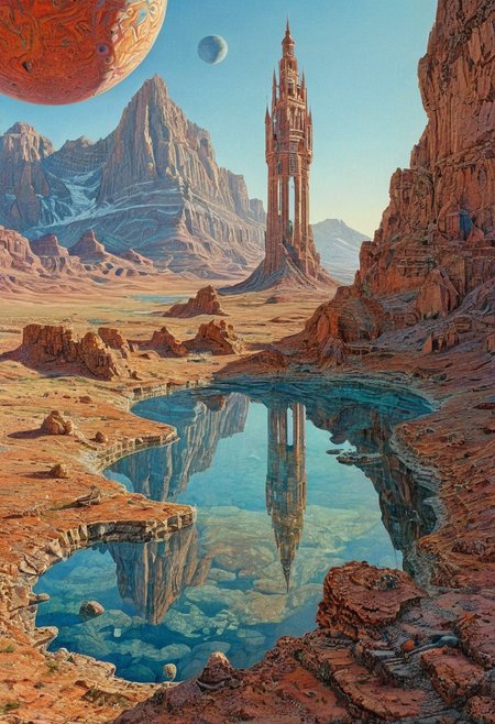 appears trapped in an optical illusion of reflections and refractions. aboriginal psychedelic art, and the four corners of the universe, painted by rene magritte Illustration by moebius, a tower in a desert, intricate details, by David B. Mattingly, inside the picture is infinity, intricately detailed, complex, elegant, expansive, fantastical, film photography style,  medium grain, FRESHIDESH Moebius comic book