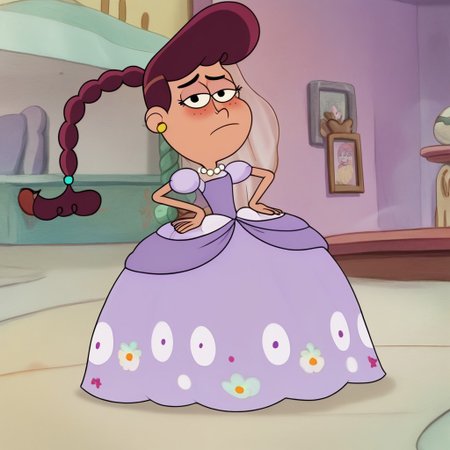 <lora:NelliePrms:1>, 1girl, solo, NelliePrms, 1girl, reddish-brown hair,  light brown skin, freckles, black eyes, ponytail, emerald ball scrunchie, princess make up, Very long large floor length wide straight tulle purple ball gown hoop skirt, ball gown hoop skirt, purple princess dress, hoopdress, white pearl necklace, my big princess gypsy wedding dress, ballgown, a girl in a dress posing like a princess for a picture, looking at viewer, pretty eyes, she is posing, she is posing like a quinceanera model, closed mouth, hands on hips, half closed eyes
