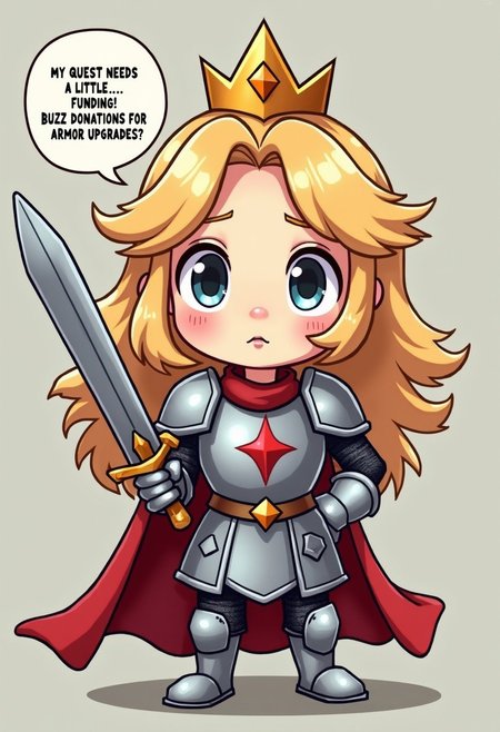 (masterpiece), best quality, expressive eyes, perfect face, cartoon style, anime style, Princess Learning Swordsmanship": A sweet princess in clunky knight’s armor, gripping a sword with uncertain eyes, speech bubble saying, “My quest needs a little… funding! Buzz donations for armor upgrades?"