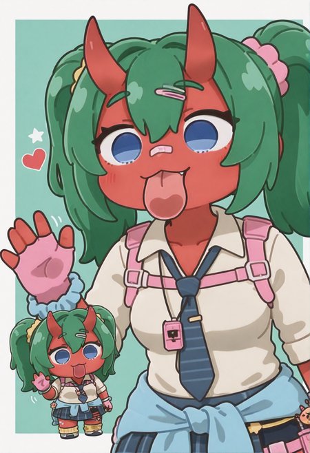 arikuigames1105, high quality, masterpiece, intricate details, absuredres, (licking pose,chibi,tongue,waving,upper body:1.4), fortnite_nemia, 1girl, solo, green hair, twintails, ponytail, long hair, bangs, hair between eyes, hair over one eye, ears, horns, oni horns, single horn, red skin, pink skin, blue eyes, parted lips, bandaid, bandaid on nose, bandaid on thighs, breasts, shirt, school uniform, necktie, plaid skirt, thighhighs, socks, loose socks, boots, jewelry, earrings, bracelet, charm, belt, gloves, fingerless gloves, knee pads, leg warmers, collarbone, solo, colored skin, hair ornament, hairclip, scrunchie, holster, striped necktie, clothes around waist, oni, plaid, charm (object), blue necktie, sweater around waist, animal print, heart, shoes, star (symbol), thigh holster,  <lora:Fortnite_Nemia_Demonically_Cute_Set_ILXL_E41_16_DIM:0.8>, <lora:dmd2_sdxl_4step_lora:1>, <lora:licking pose_noob11-xl-e3:1>,  <lora:Arikuigames1105IllustriousV1:1>