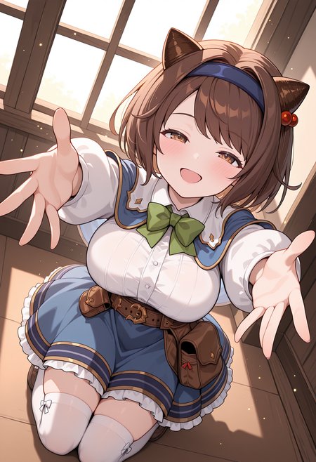 highres, best quality, masterpiece, indoors,
1girl, solo, gbfyaia, brown hair, short hair, hairband, draph, brown eyes, large breasts,
yaiadef, blue hairband, hair bobbles, blue capelet, white shirt, white sleeves, long sleeves, green bowtie, belt, pouch, blue skirt, white thighhighs,
looking at viewer, blush, smile, open mouth, 
kneeling, from above, outstretched arms, half-closed eyes, dutch angle, full body, window, light particles, incoming hug, 
<lora:_yaia_gbf-elesico-ilxl:1>