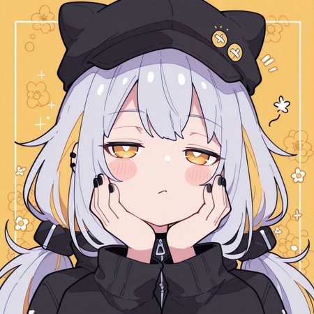 masterpiece, best quality, amazing quality, absurdres, face close up, harajuku fashion,curvy, This image shows a person wearing a black hat and a matching black top, both of which are adorned with vibrant, colorful floral patterns. The background is a bright yellow, and the person has multicolored hair. The hand is positioned near the face, with black nail polish,
seductive mood,
flat color,
((nurzhan bekkaliyev)), fl4t, harust, Flatline, Flat vector illustration,hackadoll3