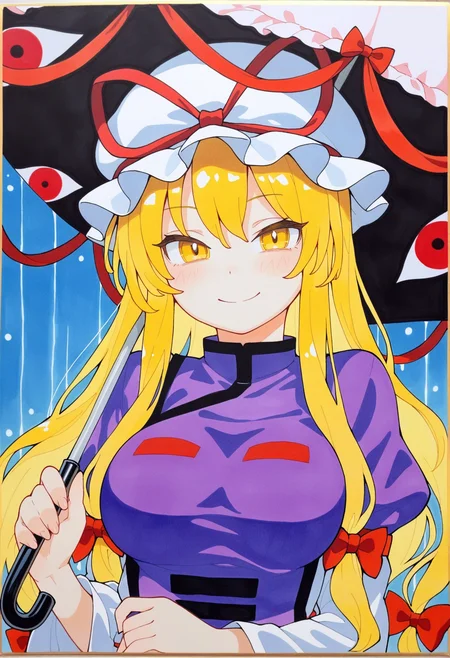 masterpiece,best quality,amazing quality,
1girl, yakumo yukari, hat, solo, blonde hair, yellow eyes, umbrella, ribbon, dress, long hair, hat ribbon, smile, shikishi, bow, hair bow, gap (touhou),
 <lora:Biyobiyo:1>