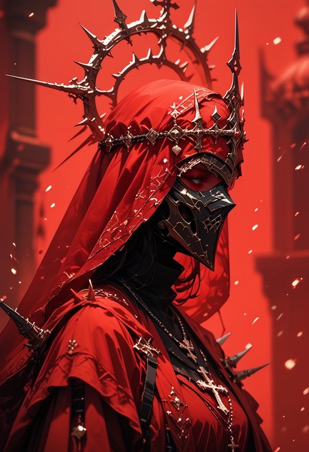 (score_9, score_8_up), score_7_up, 1girl, simple background, jewelry, upper body, hood, necklace, armor, from side, mask, halo, helmet, cross, crown, veil, cloak, red background, spikes, hood up, robe, red theme, covered face, helm
, 
depth of field, blurry background, black background, dark, CINE, embers, 
 <lora:unholy-000009:0.75>   <lora:CINE-000008:0.5>