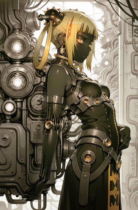 1girl,blonde hair, black skinï¼(obslete machine god:1.2),punk girl, looking at viewer, from side,monochrome, 
tatsuyuki, (too much machine:1.3) ,A room full of pipes, searchlights, (Bionic:1.2)
 <lora:Perfect Hands:1>  <lora:Tatsuyuki:0.9> <lora:add-detail-xl:1><lora:age_slider_v4:-2>, score_9, score_8_up, score_7_up, score_6_up, score_5_up, score_4_up,zPDXL