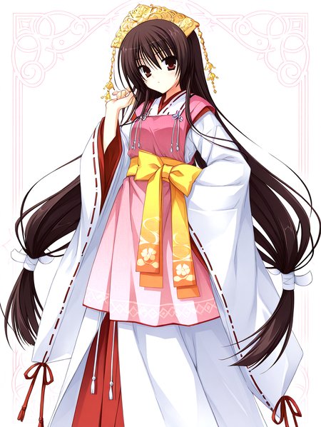 <lora:sakuyahime-tenshin-000009:1>,il-unohana-sakuya,1girl,ukami outfit,solo,japanese clothes,brown hair,
very long hair,yellow bow on waist,ribbon-trimmed sleeves,miko,pink wide shoulder strap out layer,white outer  long under layer,elegant white gown with a trailing hem,red layer skirt inner,ruffling hair, 
<lora:add-detail-xl:1>,<lora:ponyv4_noob1_2_adamW-000017:0.8>,wear clothes,