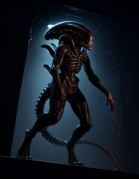 score_9, score_8_up, score_7_up, score_6_up, source_furry, solo, full-length portrait, spaceship background, night, digital art, <lora:Alien_-_Xenomorph_PONY:0.8>  xenomorph, digitigrade, monster, backlighting, rimlight, cinematic, low-angle view, low angle view, <lora:dark_v1.9-pony:0.2> dark theme, dim lighting, silhouette, dark background, backlighting,  <lora:GwentStyle_v2:0.6> gwentstyle,  <lora:Darkgem_Style_PONY_XL:0.4> darkgem, covered in blood, blood splattered on wall in background