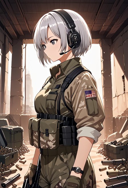 score_9, score_8_up, score_7_up, score_6_up, score_5_up, score_4_up, ultra-detailed illustration, detailed facial features, anime style, high quality anime style, detailed anime style, smoothanime style, from side, side angle, Source_Anime, sharp thin line work, ultra-detailed lighting, ultra-detailed textures, interior, urban industrial scenery, abandoned armory, dim fluorescent lights, escape from tarkov, tarkov, military, military gear, standing, standing watch, 1girl, 1girl only, silver hair, bobcut hair style, stoic face, tactical, tactical gear, headset, mercenary, private mercenary company, bulletproof vest, magazine pouches, ammo, bullets, firearms, rolled up sleeves, gloves, rifle, holding an AR-15 rifle with scope and bipod, masterpiece, best quality, very aesthetic,