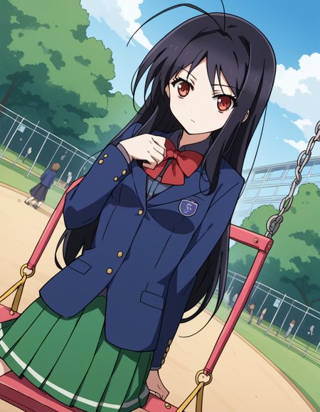 score_9, score_8_up, score_7_up, source_anime, <lora:accelworld-kuroyukihime-s1-ponyxl-lora-nochekaiser:1>, kuroyukihime, long hair, black hair, red eyes, antenna hair,, skirt, bow, brown eyes, school uniform, jacket, blazer, red bowtie, blue blazer, green skirt, pleated skirt, public park, playground, swing set, laughter, sunny day, , hands on own chest,, looking at viewer, solo,, dutch angle, cowboy shot