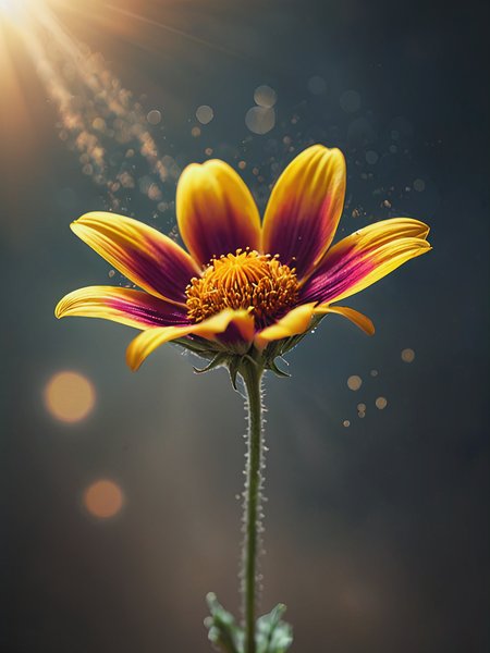 a ral-sun flying flower,dusty background,epic,heroic,bokeh,sharp detailed, hyperrealistic,amazing,  macro photo,  god rays, volumetric <lora:add-detail-xl:1.5>