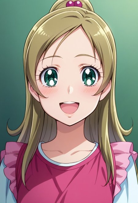 score_9, score_8, score_7, source_anime, minamino kanade, 1girl, solo, hair bobbles, looking at viewer, blush, smile, shirt, open mouth, ponytail, eyelashes