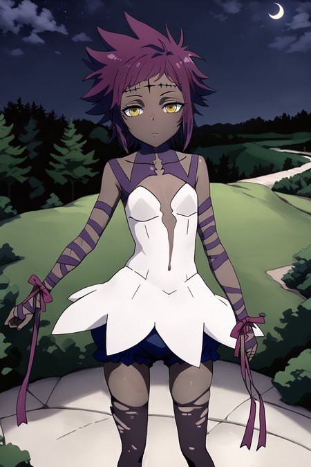 sharp focus, pixiv masterpiece, intricate details,  expressionless, source_anime,  score_9_up, score_8_up, score_7_up, score_9, looking at viewer, 
, highres,, 1girl,solo, remarkable, absurd res, forest,   <lora:roadkamelot_PonyXL_0.3:1>, hwnoahroad, cowboy shot, white_noah_dress, bloomers, brown skin, wrist_ribbons, purple_markings, amber_eyes, forehead_crosses, ripped_stockings, looking at viewer, night, standing, cliff, high ground