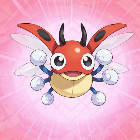 2d, solo, Pokemon (creature), Ledyba, insect, blue arms, white hands, multicolored body, red head, black antennae, black eyes, big pupils, wings open, 
BREAK open mouth smile, flying, abstract background 
BREAK best quality, amazing quality, very aesthetic, absurdres, newest, high quality, masterpiece