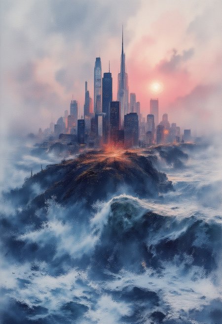 Jedwtrexp, watercolor, A futuristic city skyline at of geometric and oval shapes at dusk overlain with a raging ocean wave, symbolizing the clash of humanity and nature,  <lora:WatercolorExposure-000007:1>