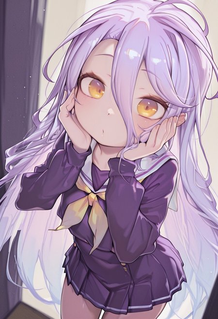 masterpiece, best quality, amazing quality, very aesthetic, absurdres, newest, 
iparupua, by iparupua, yyqw7151_illu, Henreader, petite, thin, short girl,
shiro \(no game no life\), 1girl, solo, flat chested, yellow eyes, purple shirt, white sailor collar, yellow neckerchief, purple skirt, pleated skirt,
looking at viewer, hands to cheek, cute, kawaii,
no game no life style,