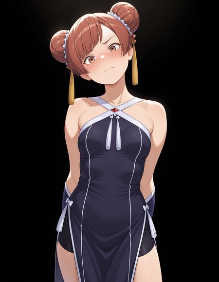 <lora:Laufen_1:1>1girl, solo, 
lauf3n, hair bun, double bun, brown eyes, brown hair, swept bangs, 
lauf3ndef, criss-cross halter, red gemstone, tassel hair ornament, bare shoulders, shorts under dress, black bike shorts, china dress, bridal gauntlets, blue boots,
standing, upper body, arms behind back, head tilt, body tilt, embarrassed, frown,  
looking at viewer, 
black background, simple background, 
small breasts,, masterpiece, best quality, amazing quality