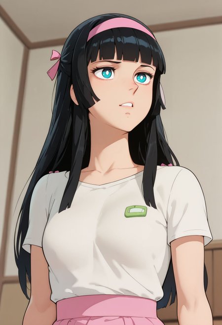 masterpiece,best quality,amazing quality, <lora:erika_daimos_ilxl_goofy:1>    erikadaimos,1girl,solo,black hair,blunt bangs, blue eyes,white pupils, bright pupils, pink hairband,hair ribbon,long hair,  casual