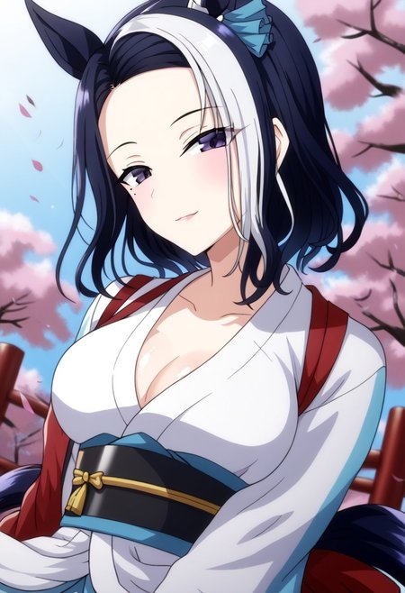 detailed background,  shiny skin, posing, rating safe,
rmnsd, horse girl, multicolored hair, streaked hair, ear ornament, mole under eye saimin.il,
saimin, tsubaki,  
clothed girl, kimono, 18 years old ,women,solo,1girl