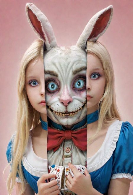 Split head and body of (Alice in Wonderland) inside White Rabbit