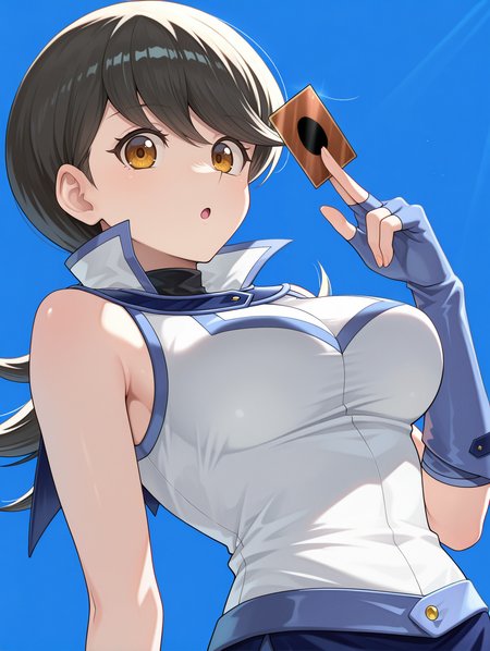 Momoe Hamaguchi, 1girl, solo, card between fingers, card \(yu-gi-oh!\), blue fingerless gloves, looking at viewer, from below, upper body, open mouth, large breasts, blue background, simple background, :o, duel academy uniform \(yu-gi-oh! gx\), white sleeveless shirt, blue skirt, black bodysuit,,
masterpiece,best quality,amazing quality,very aesthetic,absurdres,newest,<lora:Yukiko Umino & Mei Kitaki & XXXX  5 in 1 illusXL v1:0.72>,