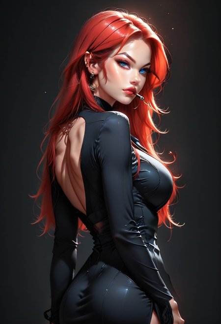 succubus ,score_9, score_8_up, score_7_up, rating_safe,girl,olz_anita1,seductive, cool, perfect body,Tilt head,2.5d,ornament,narrow waist,big breasts,long red hair large breasts,arching back,serious, glowing blue yes,Vertical slit pupils,
HI-res,masterpiece,black suit with shirt and slack,handsome appearance ,black neckties,Tomgirl ,back view,back,
simple background ,black background
