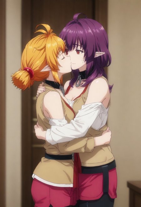 score_9, score_8_up, score_7_up, source anime, prefect lighting, very aesthetic, BREAK, anime screencap.
BREAK 
1st girl= Roxanne, blonde hair, brown eyes, orange hair, shiny hair, dog girl, floppy ears, soft smile.
BREAK 
2nd girl= Sherry, short hair, red eyes, twintails, purple hair, small breasts, pointy ears, soft smile.
BREAK 
2girls hug and kiss each other tightly.
BREAK 
2girls hug and kiss each other tightly.
