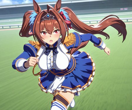 masterpiece, best quality, amazing quality, , 1girl, solo,  umamusume, racetrack, running,    <lora:Daiwa Scarlet in game style 3D:1> ummsmingame, 3d, daiwa scarlet \(umamusume\),
