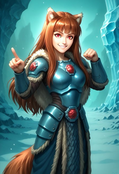 score_9, score_8_up, score_7_up, masterpiece, perfecteyes, holo, brown hair,long hair,red eyes, wolf girl,wolf ear,wolf tail, solo, , looking at the viewer, detailed background, wearing power armor, spcwlf, , proud smile, she feel pumped up and heroic, ice, snow, icy cavern, outdoors, fur cloak, holo in spcwlf armor, pointing at the viewer with one hand while her other hand in akimbo pose, she says "Afraid not citizen, holo protects", heroic pose, full body