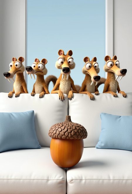 A surreal and comedic scene featuring a large acorn placed on the seat of a pristine white couch in a modern living room. Behind the couch, five anthropomorphic Scrats from Ice Age stand side by side, visible from the waist up above the couch’s backrest. Each Scrat has a humanoid body with folded arms but retains their iconic Scrat heads, complete with wide, obsessive eyes and twitching noses. Their bushy, expressive tails are visible behind them, adding a playful touch to their otherwise confident, human-like stances. All five Scrats are intently staring at the acorn with an air of determination and rivalry. The room is brightly lit, with light blue and white cushions accentuating the couch, providing a cozy and modern contrast to the quirky and absurd characters