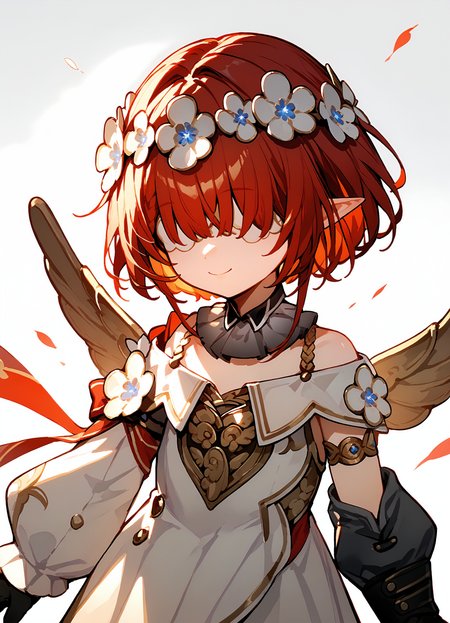 (score_9, score_8_up, score_7_up), 1girl, trinnon, covered eyes, flower circlet, wings, detached collar, puffy long sleeves, black gloves, smile, closed mouth, simple background, <lora:tribbie-hsrPO-v1:0.9>