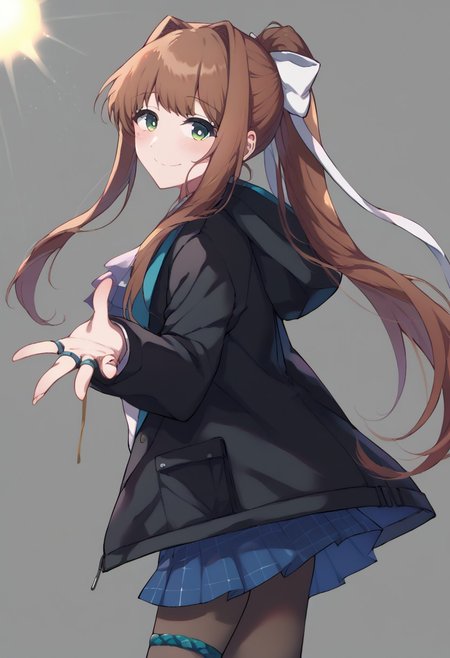 score_9, score_7_up, source_anime, ddlcmonika, <lora:ddlc-monika-ponyxl-lora-nochekaiser:1> ddlcmonika, blunt bangs, brown hair, green eyes, long hair, sidelocks, 
blouse, black hooded jacket, ring, blue checkered skirt, brown, pantyhose, Thigh Strap, anklet, ascot, white shirt,
bright smile, cute, blush, half body, background, simple background, bright background, sunlight, from side, from behind, looking back, looking at viewer, best_quality, masterpiece, hand, hand extends, hand extends toward viewer, reaching out to viewer