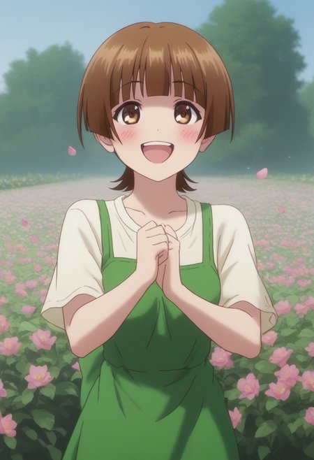 Chitose, Brown Eyes, Brown Hair, Short Hair, Hair Bangs, Blunt Bangs, Medium Breasts,
(nsfw), (uncensored), (score_9), score_8_up, score_7_up, source_anime, cowboy shot, dynamic pose, 1 Female, solo, happy smile joy, blush, ashamed, shy, sexy, charming, alluring, seductive, enchanting, erotic, 
((outdoors)), ((flower garden)), ((flowers)), ((many flowers)), spring petals, petals of flowers, spring, falling petals, flying butterflies,