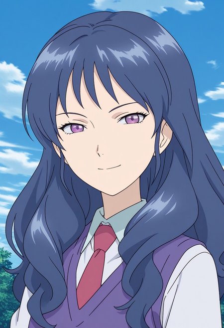 masterpiece, best quality, source_anime,official art,perfect_anatomy,menori,1girl,purple eyes,long hair,blue hair,school uniform,necktie,
sweater,vest,looking_at_viewer,smile,portrait,day,blue_sky,cloud