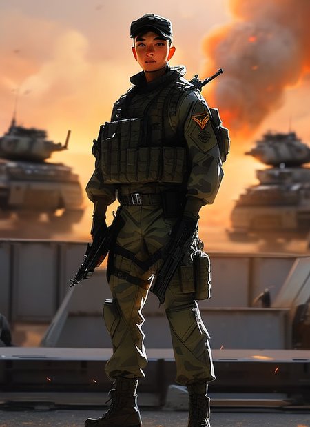 samdoesarts;  an image of man with military gear, cargo pants, (intricate), (detailed), digital art,  dynamic pose, in a battlefield