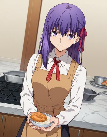 score_9, score_8_up, score_7_up, source_anime,
sakuramatou, <lora:sakura-matou-hf-ponyxl-lora-nochekaiser:1>,
sakura matou, long hair, purple eyes, purple hair, ribbon, hair ribbon, red ribbon, smile,
shirt, white shirt, collared shirt, long sleeves, neckertie, red neckertie, vest, light brown vest, skirt, black skirt, apron,
indoors, kitchen, food, cooking,
looking at viewer, dutch angle, cowboy shot,