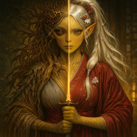masterpiece, best quality, newest, absurdres, highres, 
DUSV1.0, split screen, split theme, dual persona, transformation, dark persona, holding sword, sword, holding weapon, holding, weapon,
1girl, asian, asian female, elf, elf girl, pointy ears, long hair, yellow skin, blonde hair, golden colored skin, ponytail long ponytail, high taied ponytail, makeup, mascara, brown eyes, golden eyes,
kimono, red kimono, japanese clothes, hair ornament,
