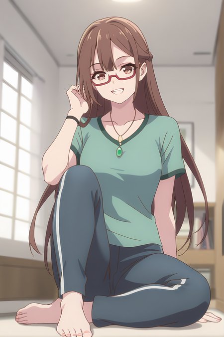 (green shirt two-tone shirt pants:1.30), gg-miranda, necklace, brown hair, brown eyes, red glasses, medium breasts, 1girl, solo, skinny, score_9, score_8_up, score_8, score_7_up, score_7, score_6_up, score_6, score_5_up, score_5, source_anime, happy, indoors, (full body:1.20), (:1.20), feet, <lora:gg-miranda-V01-000003:1.00>