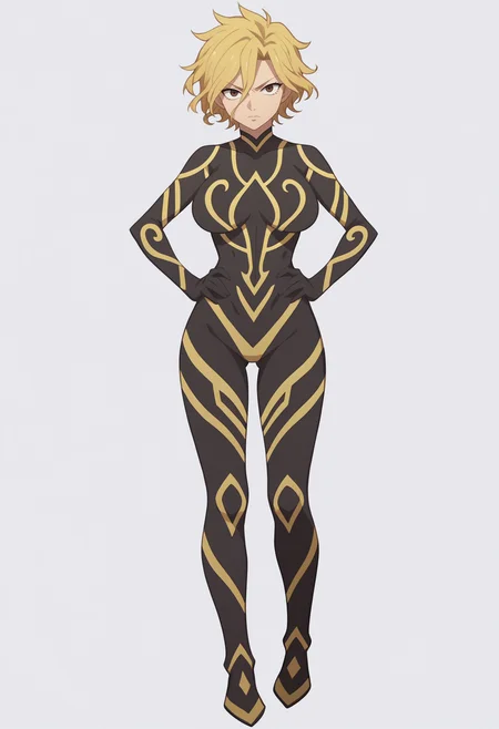 score_9, score_8_up, score_7_up, anime screencap, BREAK
1girl, dimaria, blonde hair, brown eyes, short hair, hair between eyes,
bodysuit, large breasts, neon trim, no nipples, thigh gap,
hands on hips, standing, full body, solo, looking at viewer, simple background, white background  <lora:DimariaYestaGodSoulPDXL_byKonan:1>