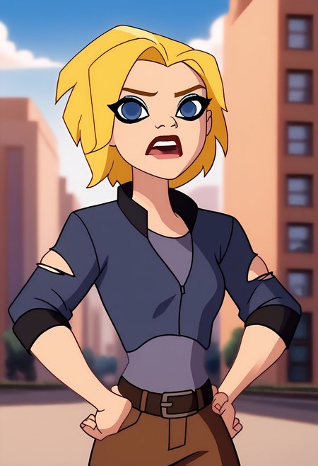 Score_9, score_8_up, score_7_up, score_6_up, SpecStyle, <lora:SpecPony:1.1>, wide shot, animated kara, blonde hair, short hair, teeth, looking at viewer, open mouth, blue sky, blurry background, building, blurry, parody, blue eyes, 1girl, solo, outdoors, day, makeup, upper body, female focus, hands on hips, blue shirt, brown pants, torn pants, jacket, belt, boots,