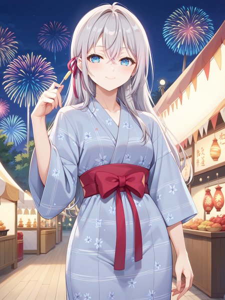 ((score_9)), ((score_8))
 smile, looking at viewer, cowboy shot, closed mouth, standing, pose, outdoors,  summer festival, erial fireworks,  aerial fireworks,  market stall , night sky,  
<lora:add-detail-xl:1>
  alyav4, 1girl, long hair, grey hair, blue eyes, ribbon, hair ribbon,  hair between eyes, 
 <lora:Alya-sanV3-04:0.9> 
 <lora:yukata_pony_V1.0:1>  ((long yukata:1.2)), floral print,