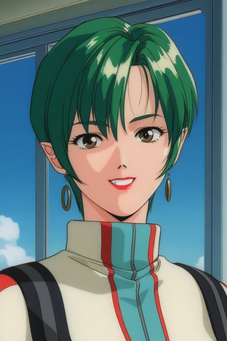 masterpiece, best quality, source_anime,official art,perfect_anatomy,1990s_\(style\),retro_artstyle,1girl, mm,a mature female,Milia_Fallyna,green_hair,bangs,short_hair,earrings,lipstick,makeup,pailot_suit,body_suit,(beautiful detailed face,looking_at_viewer,grin),upper body,day,blue_sky,cloud